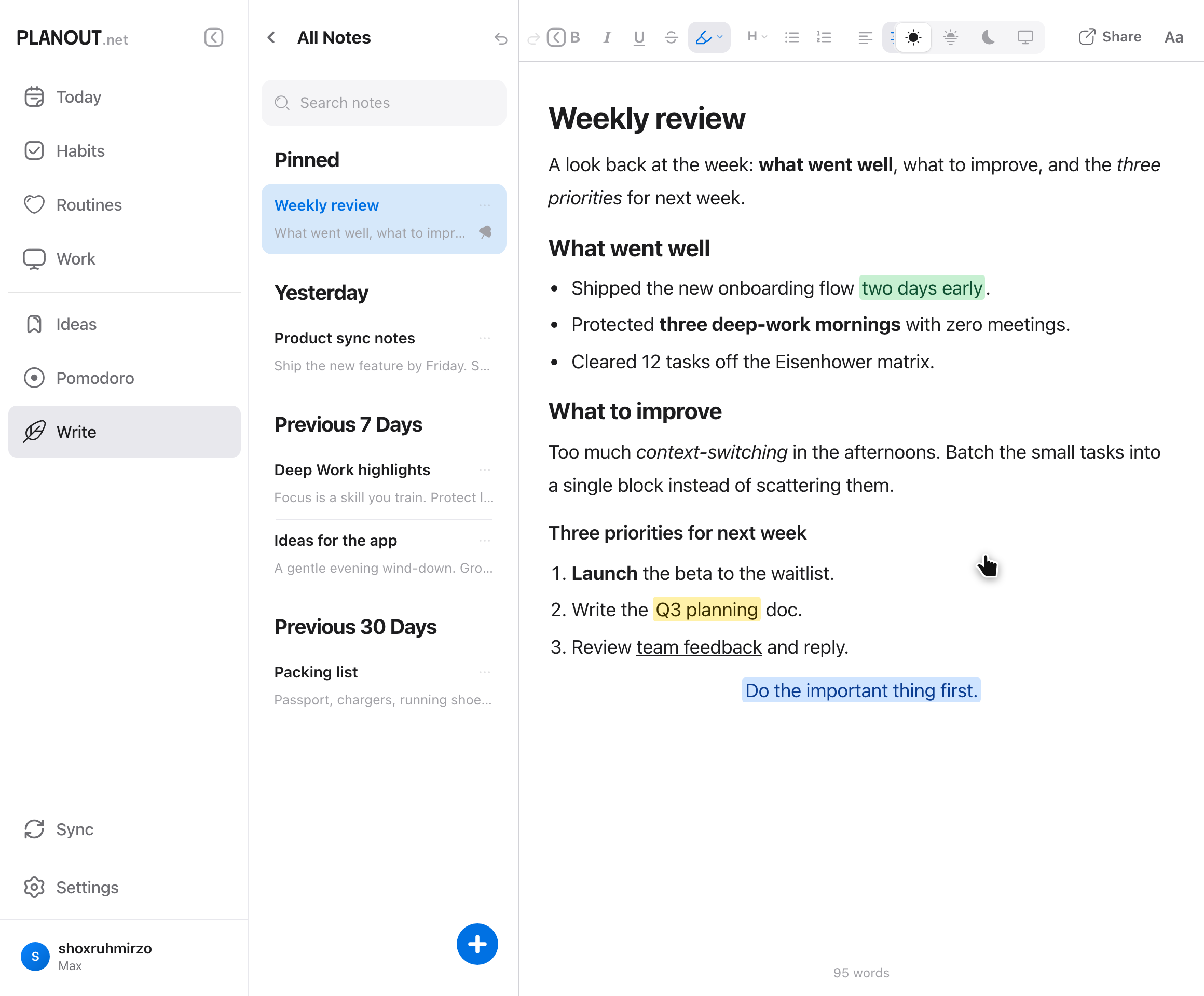 Rich-text notes in Planout